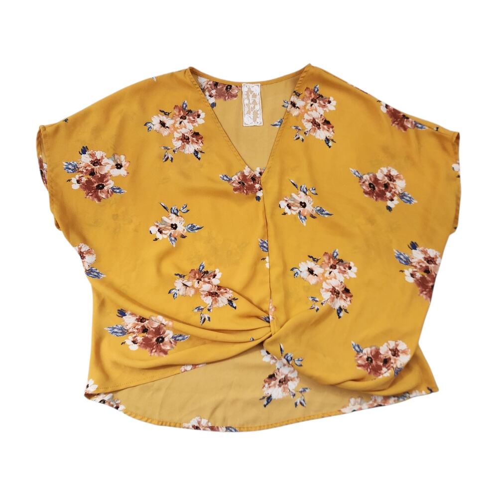 Sadie & sage‎ womens sz large yellow blouse Floral print flowy fit knot front